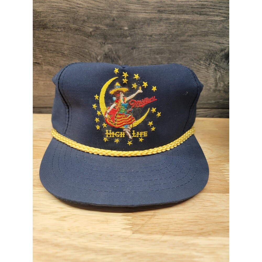 VINTAGE Miller High Life Hat Strap Witch Blue Universal Girl on the Moon Beer